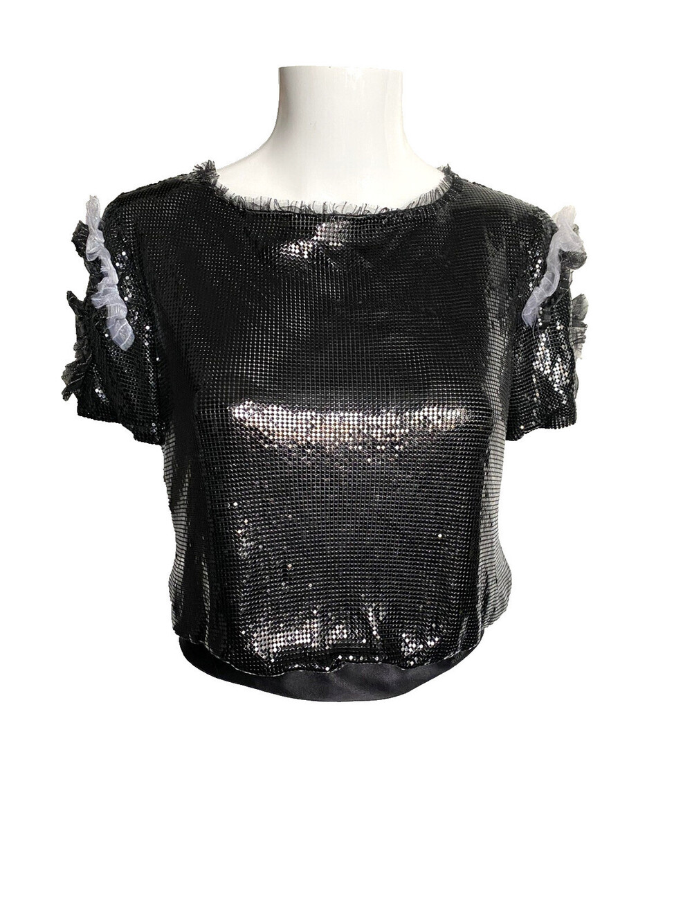 RARE 08A CHANEL FR-34 US-2 Black Aluminum Silk Sequin Top Blouse